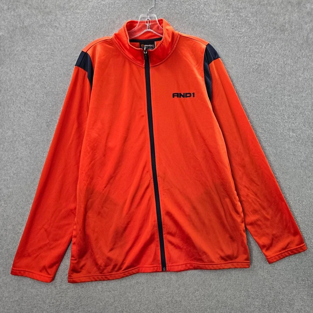 AND1 Men‎ Track Jacket Large Orange Full Zip Logo Mock Neck Pockets Long Sleeve